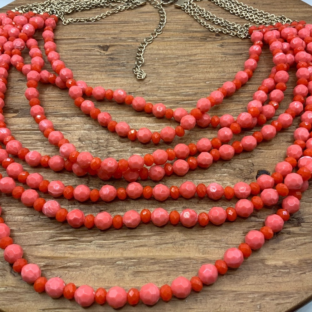 Premier Designs Hampton Multiple Strands Coral Colored Beaded Gold Tone Necklace